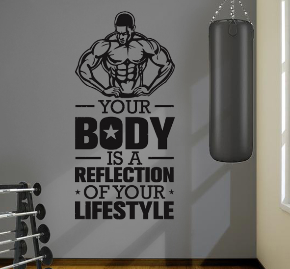 תמונה של מדבקת קיר - YOUR BODY IS A REFLECTION OF YOUR LIFESTYLE בצירוף שרירן